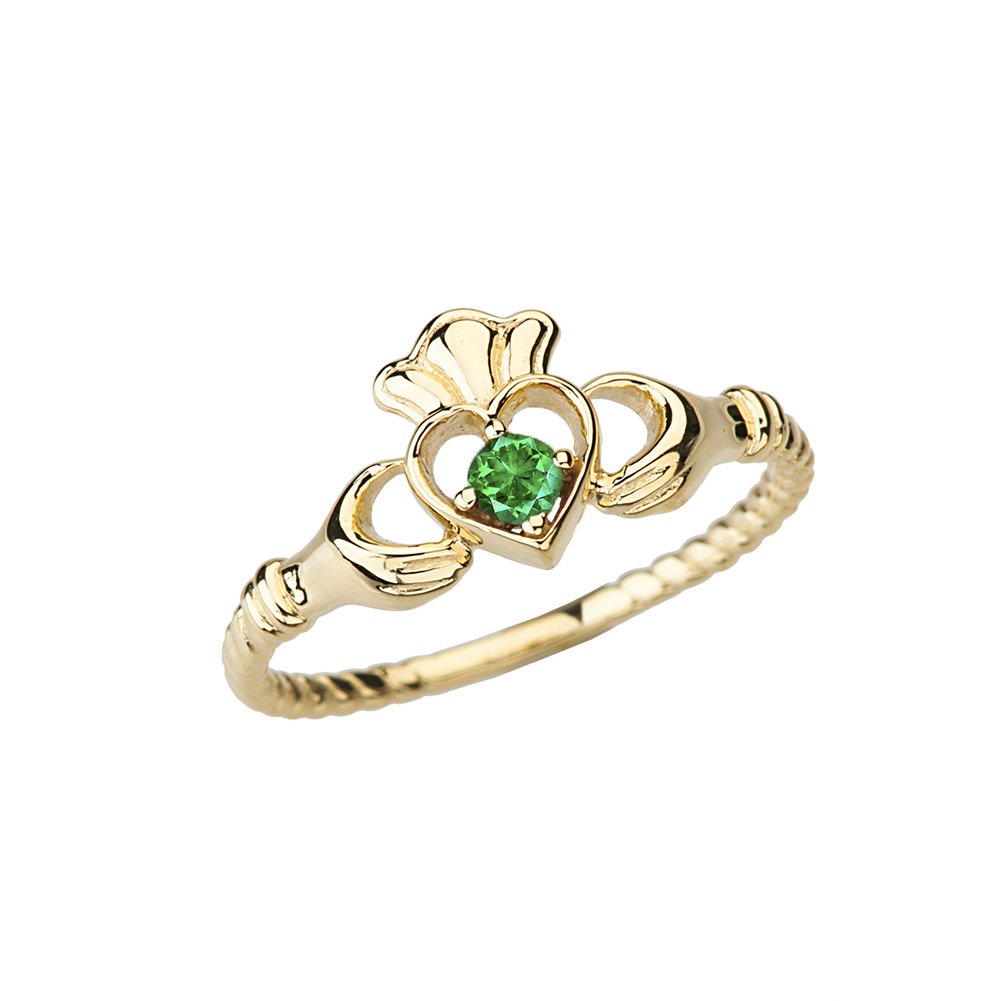 Dainty 10k Yellow Gold Open Heart Solitaire Emerald Rope Claddagh Promise Ring (Size 6)