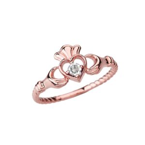 dainty 10k rose gold open heart solitaire cz rope claddagh promise ring (size 7)