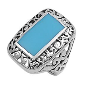 simulated turquoise rectangle filigree oxidized ring .925 sterling silver band size 8