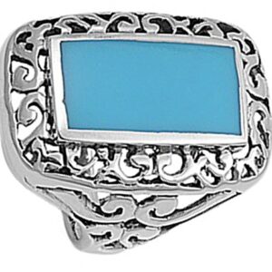 Simulated Turquoise Rectangle Filigree Oxidized Ring .925 Sterling Silver Band Size 8