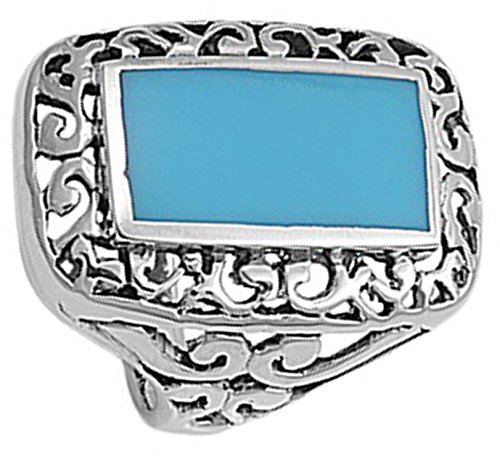 Simulated Turquoise Rectangle Filigree Oxidized Ring .925 Sterling Silver Band Size 8