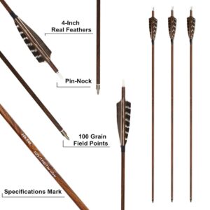 Letszhu Archery Carbon Arrows Wooden Grain Shaft 500 Spine with Feather Fletching for Hunting Target Shooting (28 Inch Arrows 6 Pack)