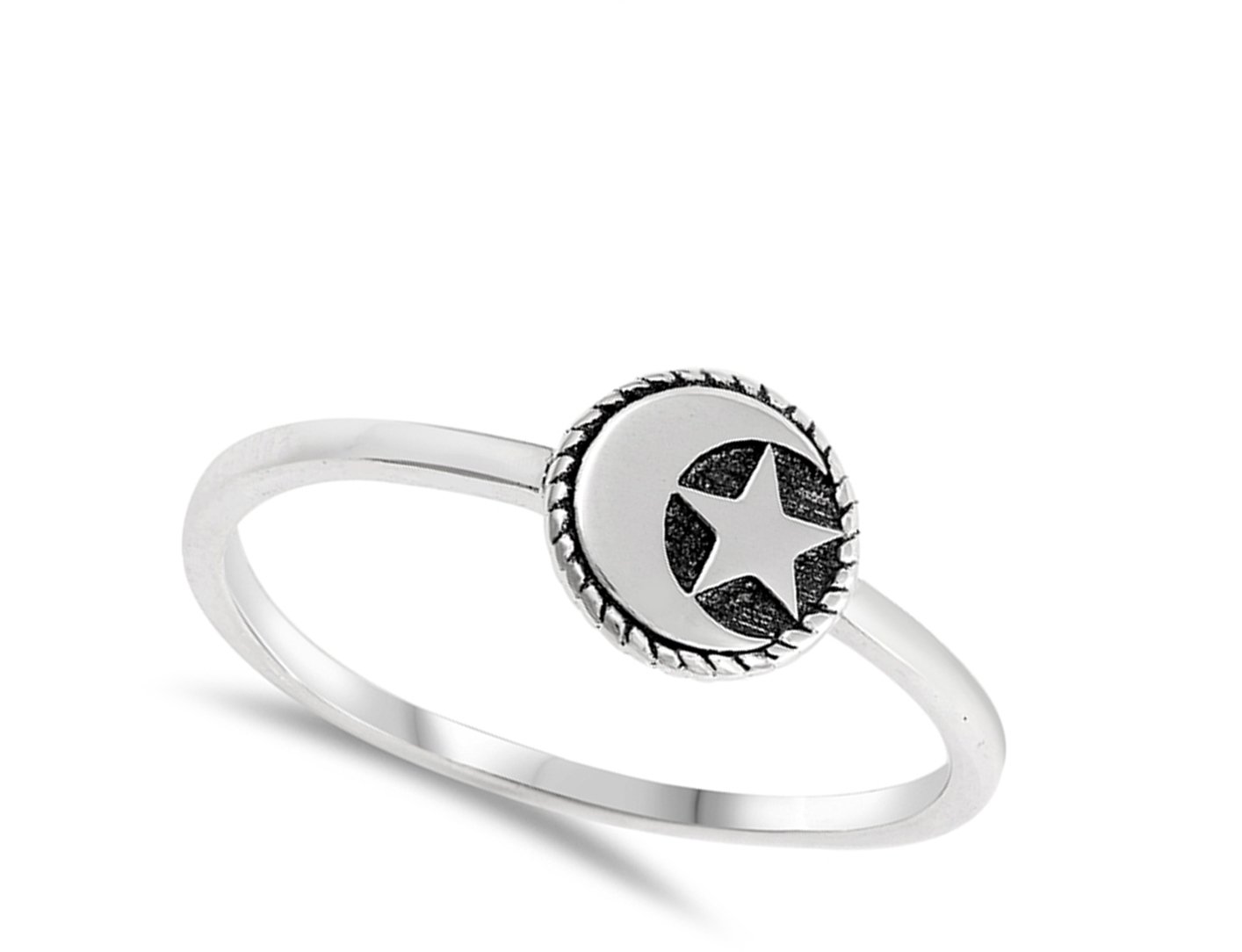 Oxidized Moon Star Simple Dainty Ring 925 Sterling Silver Muslim Band Size 10