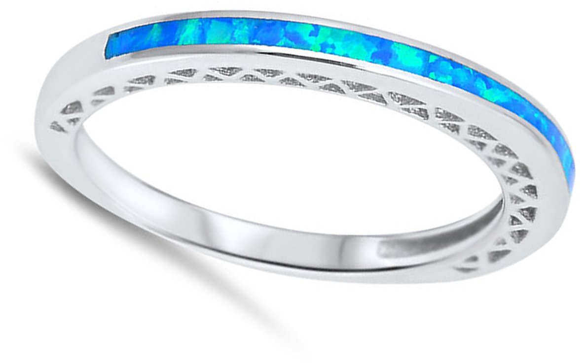 Blue Simulated Opal Fashion Thin Wedding Ring New .925 Sterling Silver Band Size 11