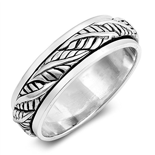 Antiqued Leaf Spinner Nature Vintage Ring .925 Sterling Silver Band Size 11