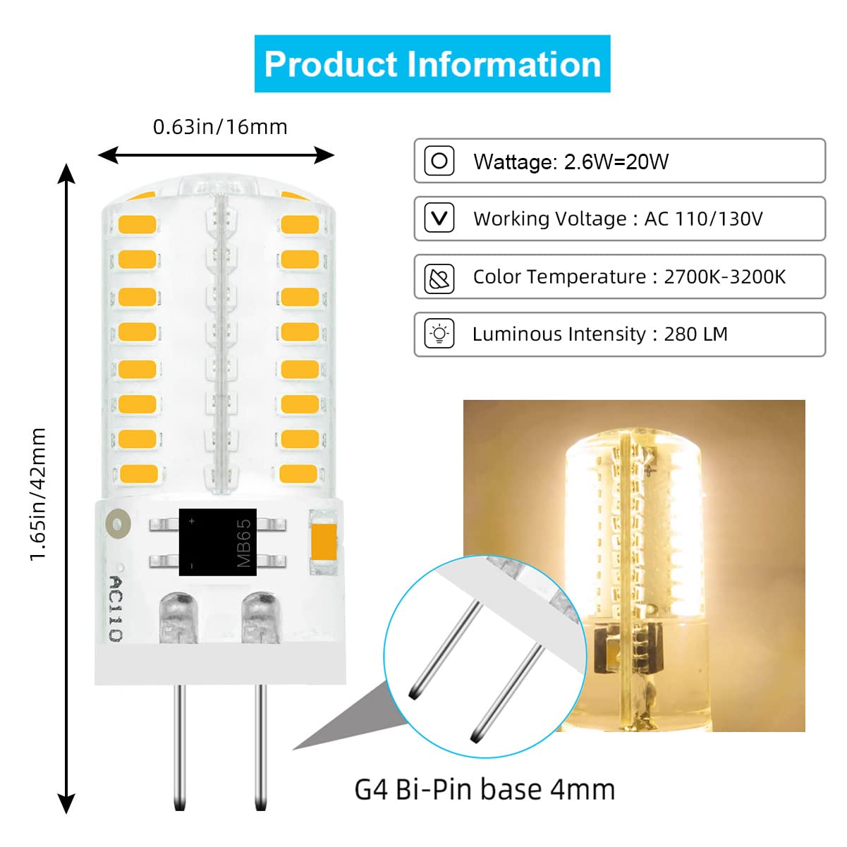 TIANZHILANSKY Pack 10 Mini G4 LED Bulb Dimmable 110V 120V 2.6W 280 Lumens 64pcs Silicone Lamp Equivalent to 20W Halogen Bulb Replacement Warm White 2700K-3200K 3000K Home Lighting