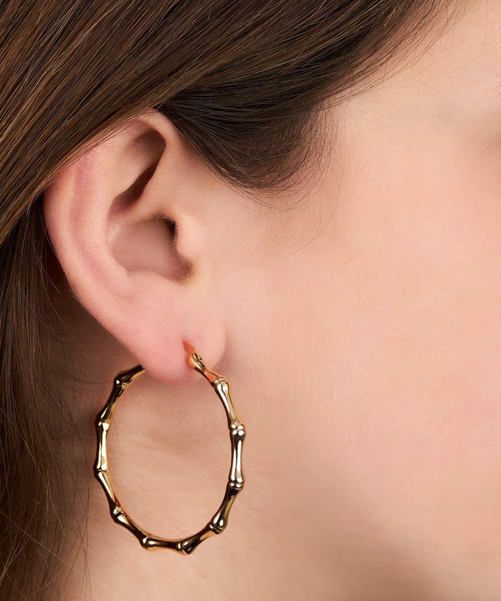 Gold Bamboo Hoop Earrings for Women | Barzel 18k Gold Plated Bamboo Earrings For Women (Gold)