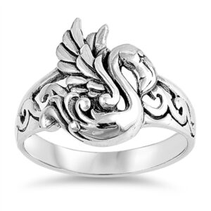 Antiqued Filigree Swan Bird Flamingo Ring .925 Sterling Silver Band Size 7