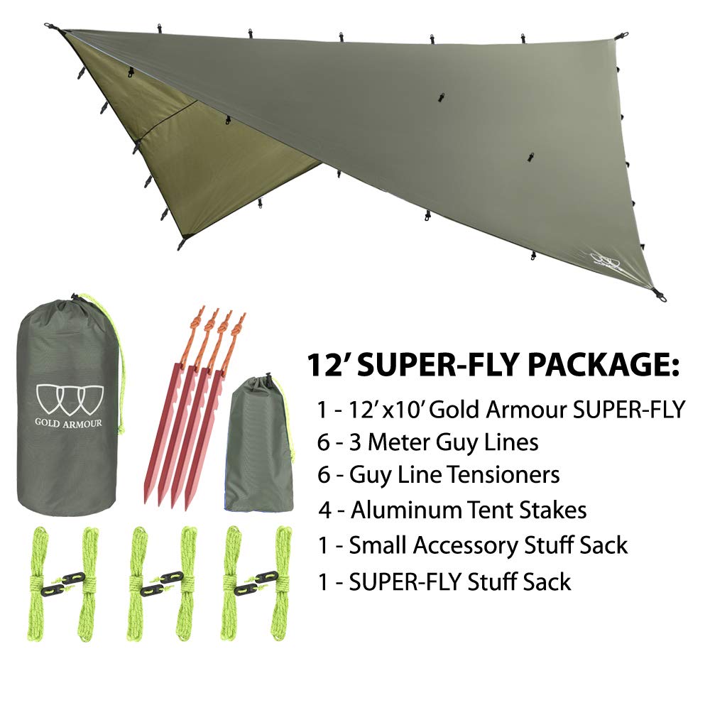 Gold Armour Rainfly Tarp Hammock, Premium 14.7ft/12ft/10ft/8ft Rain Fly Cover, Waterproof Ultralight Camping Shelter Canopy, Survival Equipment Gear Camping Tent Accessories (OD Green 12ft x 10ft)