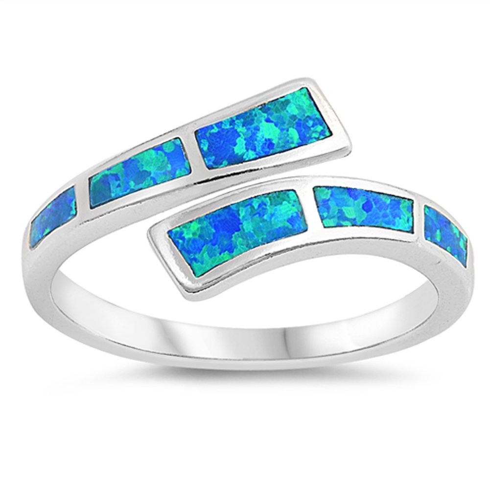 Blue Simulated Opal Wave Joint Ring .925 Sterling Silver Double Shank Band Size 9