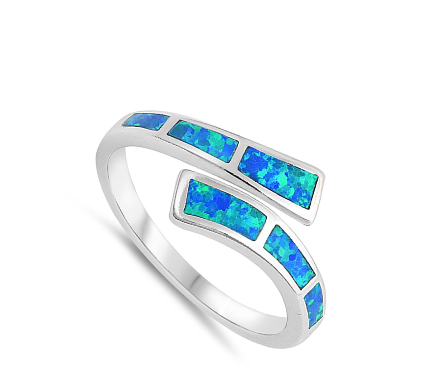 Blue Simulated Opal Wave Joint Ring .925 Sterling Silver Double Shank Band Size 9