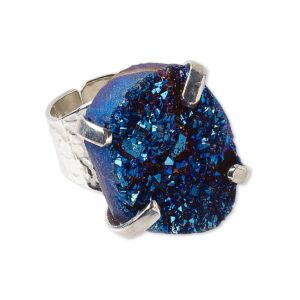 dragonweave adjustable silver plated electric blue druzy agate gemstone cocktail ring