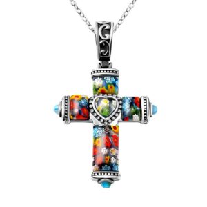 shop lc colorful rainbow cross necklace for women christian jewelry black oxidized murano style millefiori glass flower stainless steel chain size 20" catholic faith religious birthday gifts for