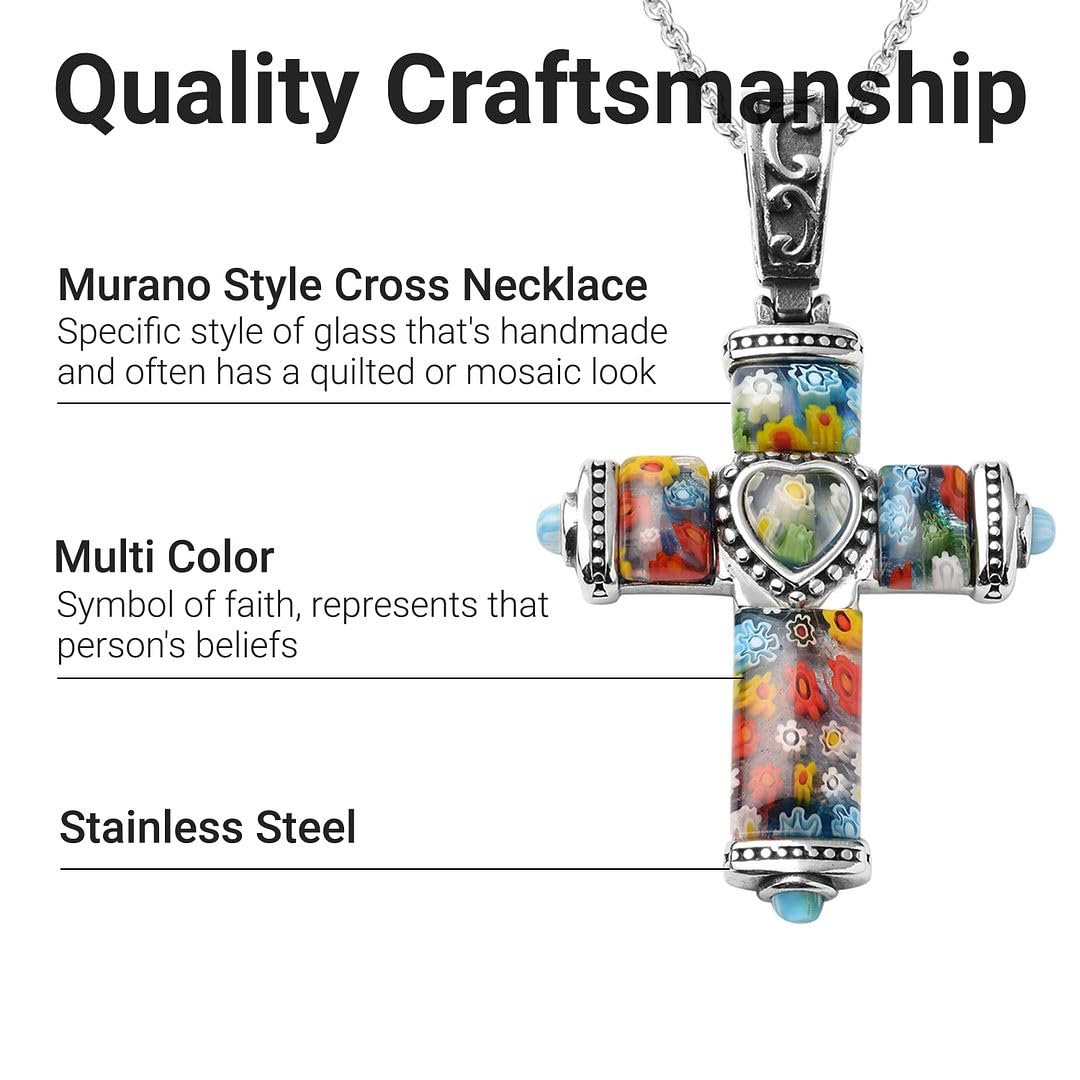 Shop LC Colorful Rainbow Cross Necklace for Women Christian Jewelry Black Oxidized Murano Style Millefiori Glass Flower Stainless Steel Chain Size 20" Catholic Faith Religious Birthday Gifts for