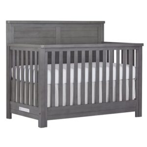 evolur belmar flat 5-in-1 convertible crib in rustic grey, features 3 mattress height settings, greenguard gold certified, made of kiln-dried hardwood