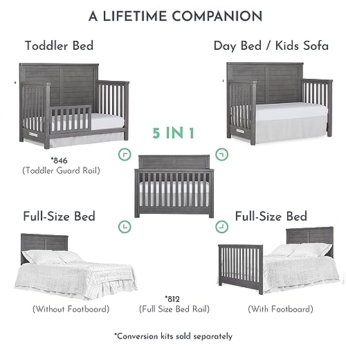 Evolur Belmar Flat 5-in-1 Convertible Crib in Rustic Grey, Features 3 Mattress Height Settings, Greenguard Gold Certified, Made of Kiln-Dried Hardwood