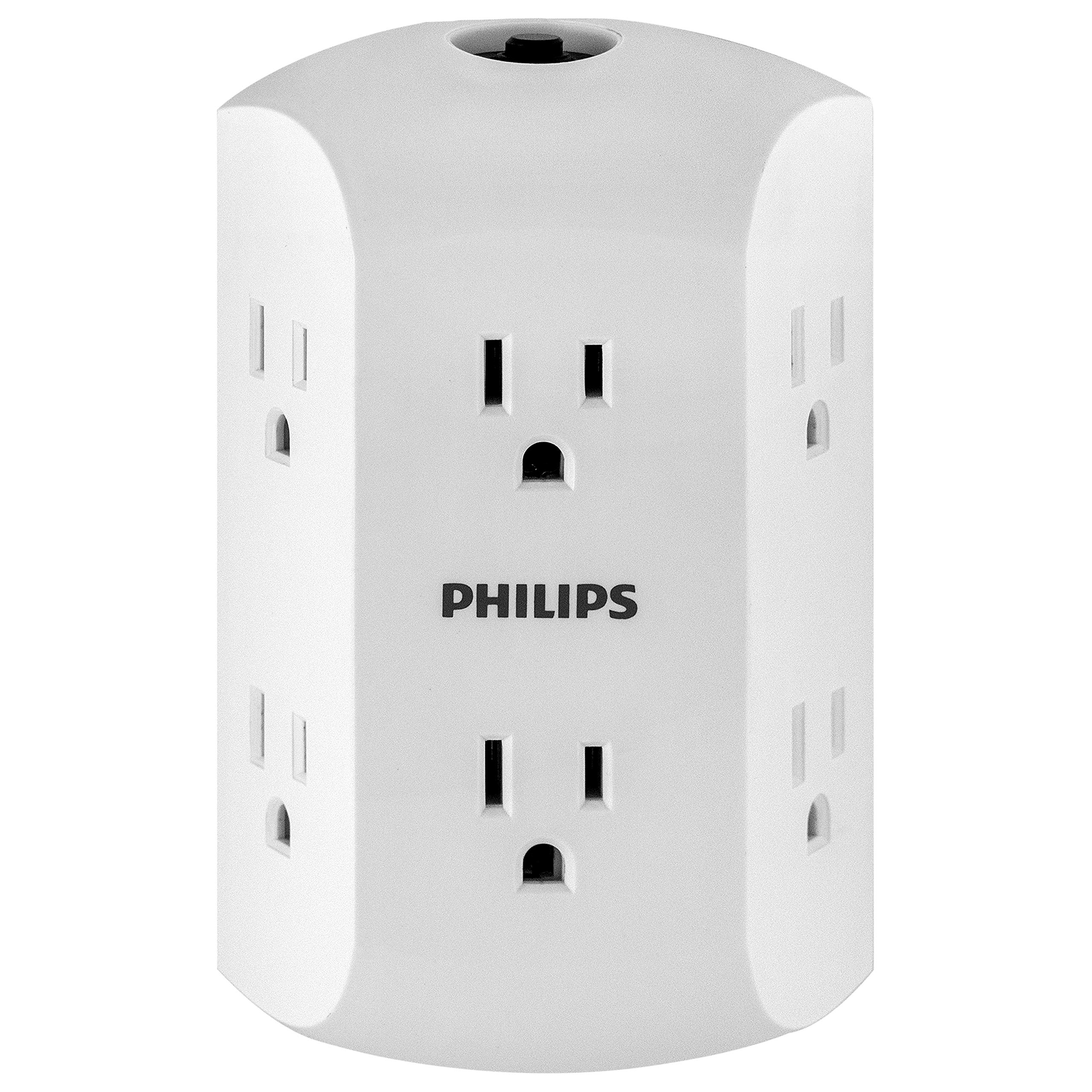 Philips 6-Outlet Extender, Grounded Wall Tap, Reset Button, Circuit Breaker, Adapter Spaced Outlets, 3-Prong, Multiple Plug, Quick and Easy Install, Cruise Essentials, UL Listed, White, SPS1460WA/37