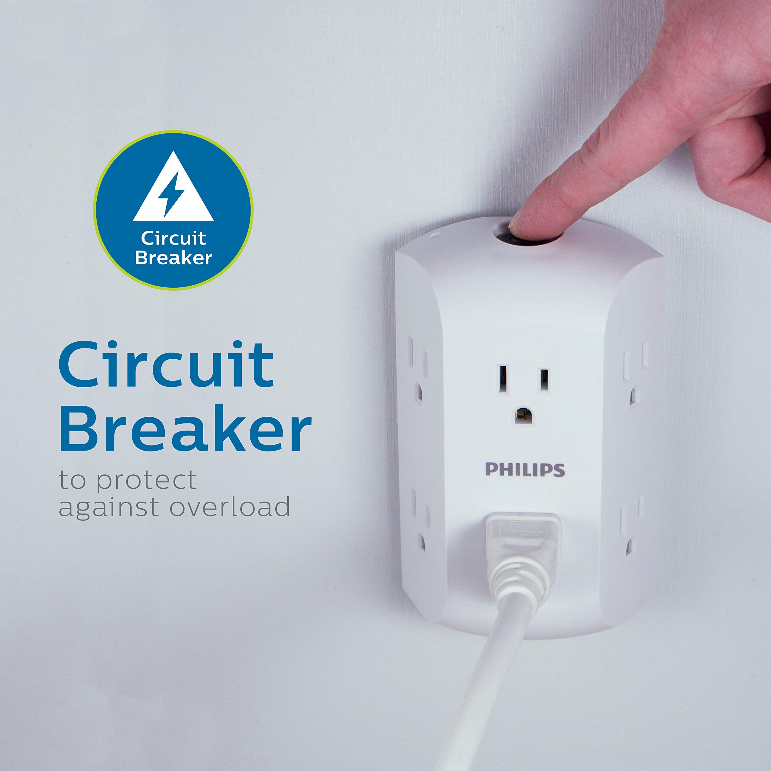 Philips 6-Outlet Extender, Grounded Wall Tap, Reset Button, Circuit Breaker, Adapter Spaced Outlets, 3-Prong, Multiple Plug, Quick and Easy Install, Cruise Essentials, UL Listed, White, SPS1460WA/37