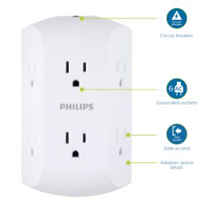 Philips 6-Outlet Extender, Grounded Wall Tap, Reset Button, Circuit Breaker, Adapter Spaced Outlets, 3-Prong, Multiple Plug, Quick and Easy Install, Cruise Essentials, UL Listed, White, SPS1460WA/37