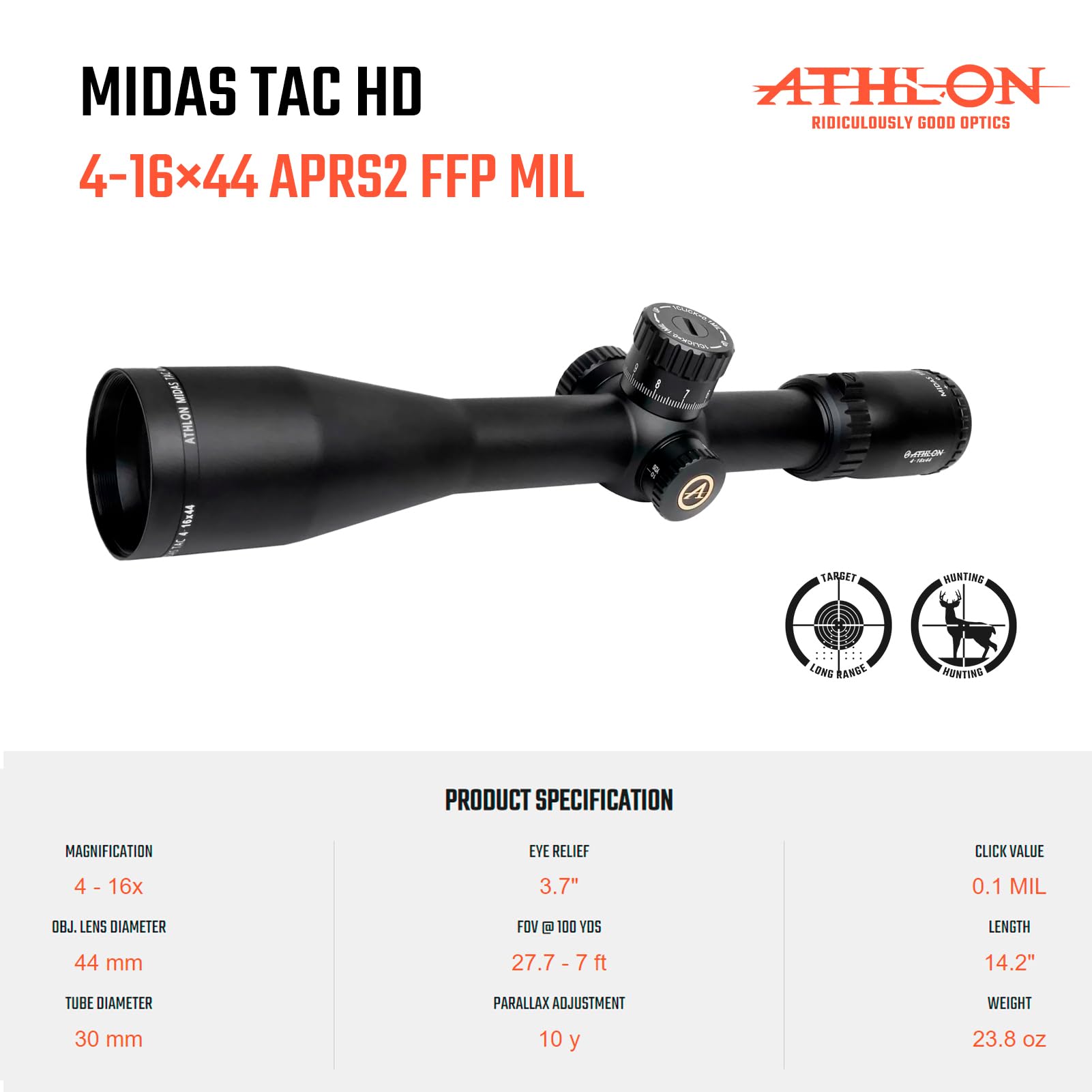 Athlon Optics Midas TAC HD 4-16x44 F1 30mm Tube ZeroStop Shockproof Weatherproof Hunting Long-Range Target Shooting Gun Scope | APRS2 FFP MIL Reticle