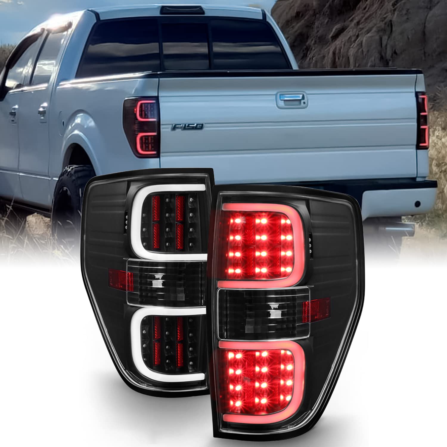 AKKON - For 2009-2014 Ford F150 Pickup Truck Black LED Tube Tail Lights Brake Lamps Left and Right Pair Set