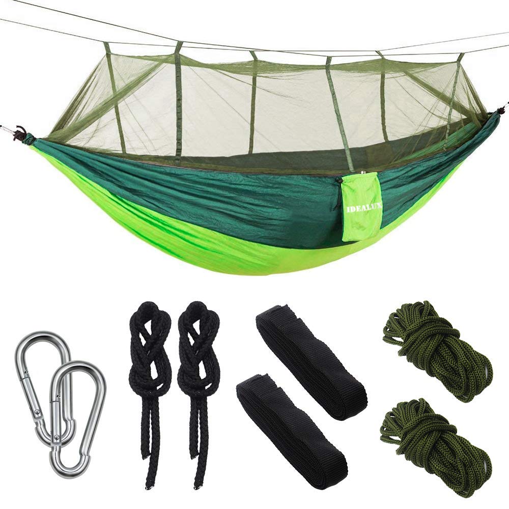 IDEALUX Camping Hammock with Net, Lightweight Portable Double Parachute Hammocks, 210T Nylon, High Capacity and Tear Resistance, Perfect for Camping, Backyard Relaxation (Green)