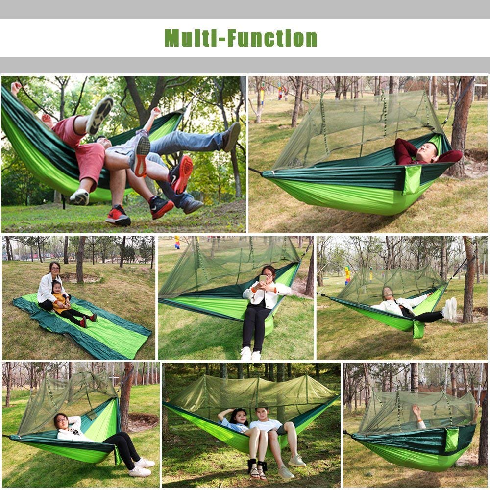 IDEALUX Camping Hammock with Net, Lightweight Portable Double Parachute Hammocks, 210T Nylon, High Capacity and Tear Resistance, Perfect for Camping, Backyard Relaxation (Green)