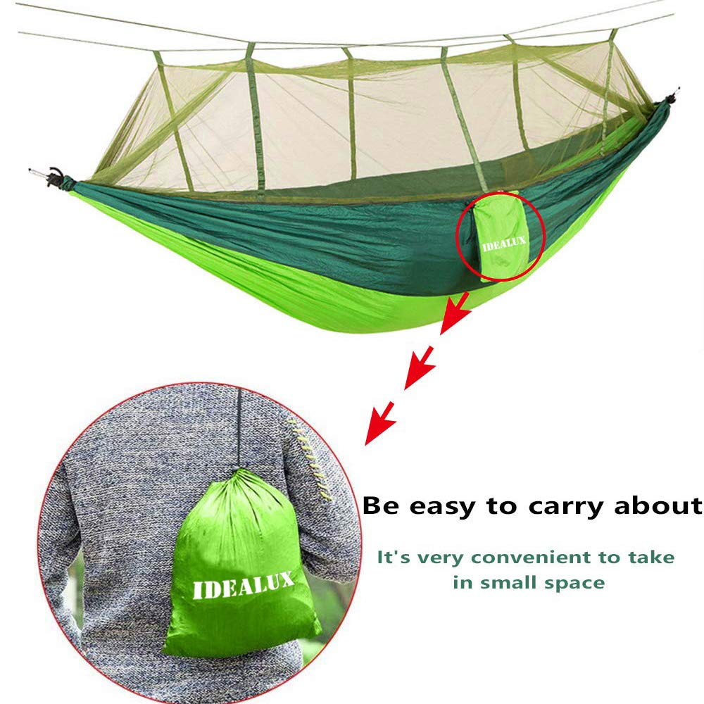 IDEALUX Camping Hammock with Net, Lightweight Portable Double Parachute Hammocks, 210T Nylon, High Capacity and Tear Resistance, Perfect for Camping, Backyard Relaxation (Green)