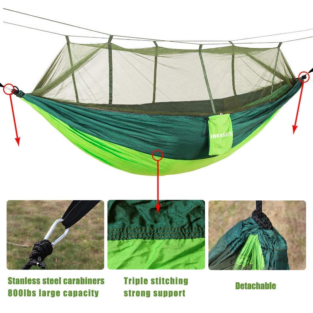 IDEALUX Camping Hammock with Net, Lightweight Portable Double Parachute Hammocks, 210T Nylon, High Capacity and Tear Resistance, Perfect for Camping, Backyard Relaxation (Green)