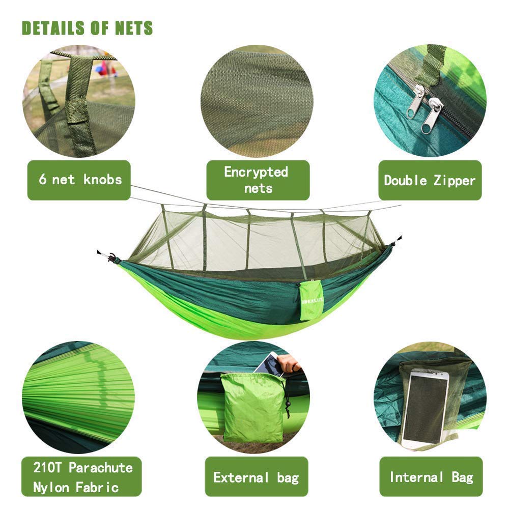 IDEALUX Camping Hammock with Net, Lightweight Portable Double Parachute Hammocks, 210T Nylon, High Capacity and Tear Resistance, Perfect for Camping, Backyard Relaxation (Green)