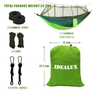 IDEALUX Camping Hammock with Net, Lightweight Portable Double Parachute Hammocks, 210T Nylon, High Capacity and Tear Resistance, Perfect for Camping, Backyard Relaxation (Green)