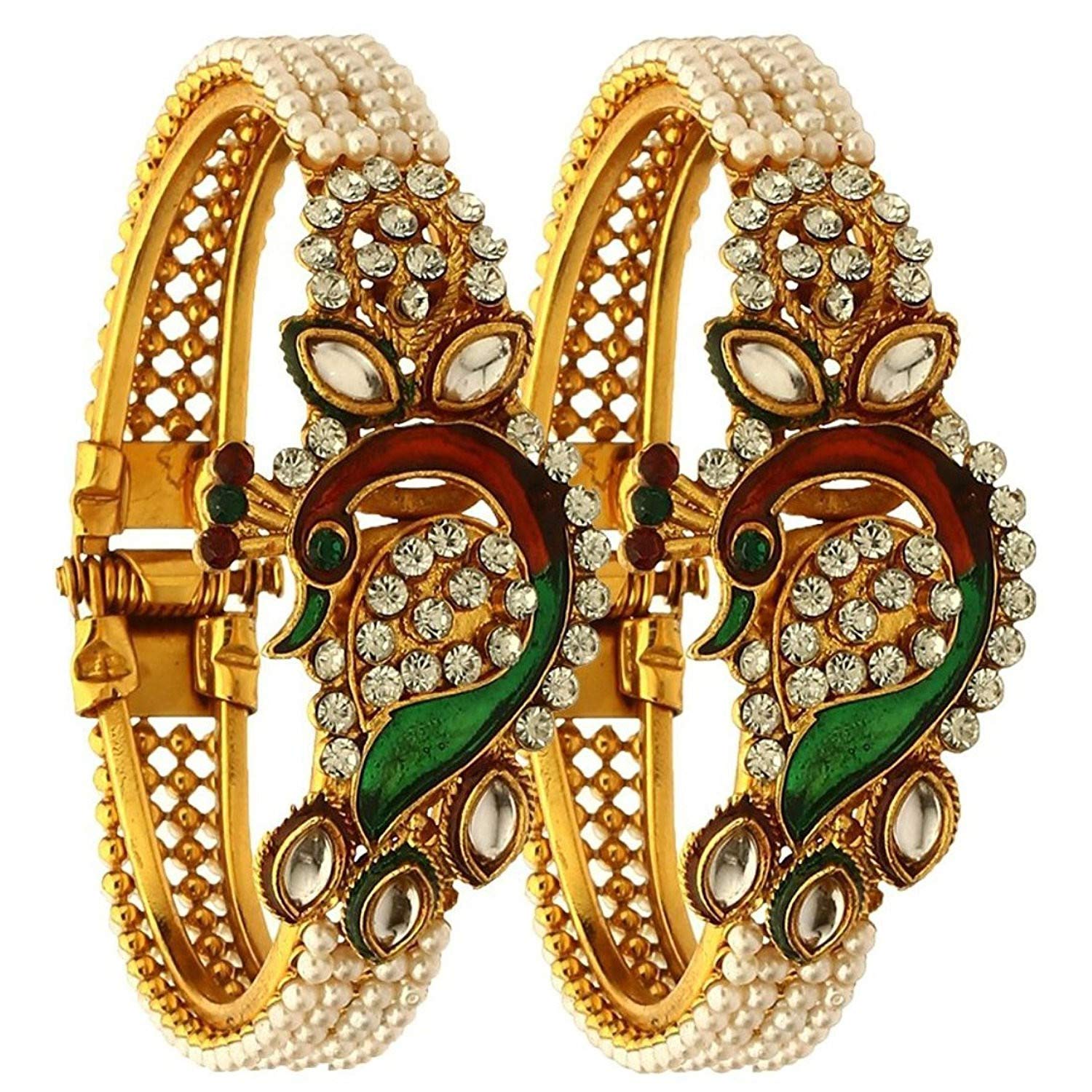 Efulgenz Rakshabandhan Indian Bangles for Women Women's Bangle Bracelets Fashion Jewelry Indian Bollywood Faux Pearl Kundan Rhinestone Peacock Hinge Open able Cuff Bracelet Bangle