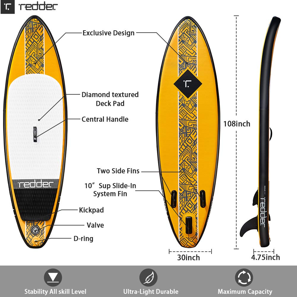 Inflatable Stand Up Paddle Board Rouge 9'0" x 30" x 4" Surf ISUP With Bravo SUP3 Double Action Hand Pump, 3 Piece Carbon & Fiberglass Paddle, 10' Leash, Portable Backpack And Repair Kit - REDDER