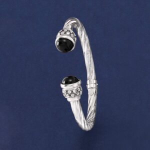 Ross-Simons Italian Black Onyx and 1.30 ct. t.w. CZ Twisted Cuff Bracelet in Sterling Silver. 7 inches