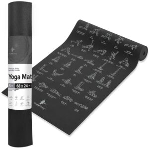 newme fitness yoga mat for women and men - large, 5mm thick, 68 inch long, non slip exercise mats w/ 70 printed yoga poses for pilates, workout and stretching - home and gym essentials - black