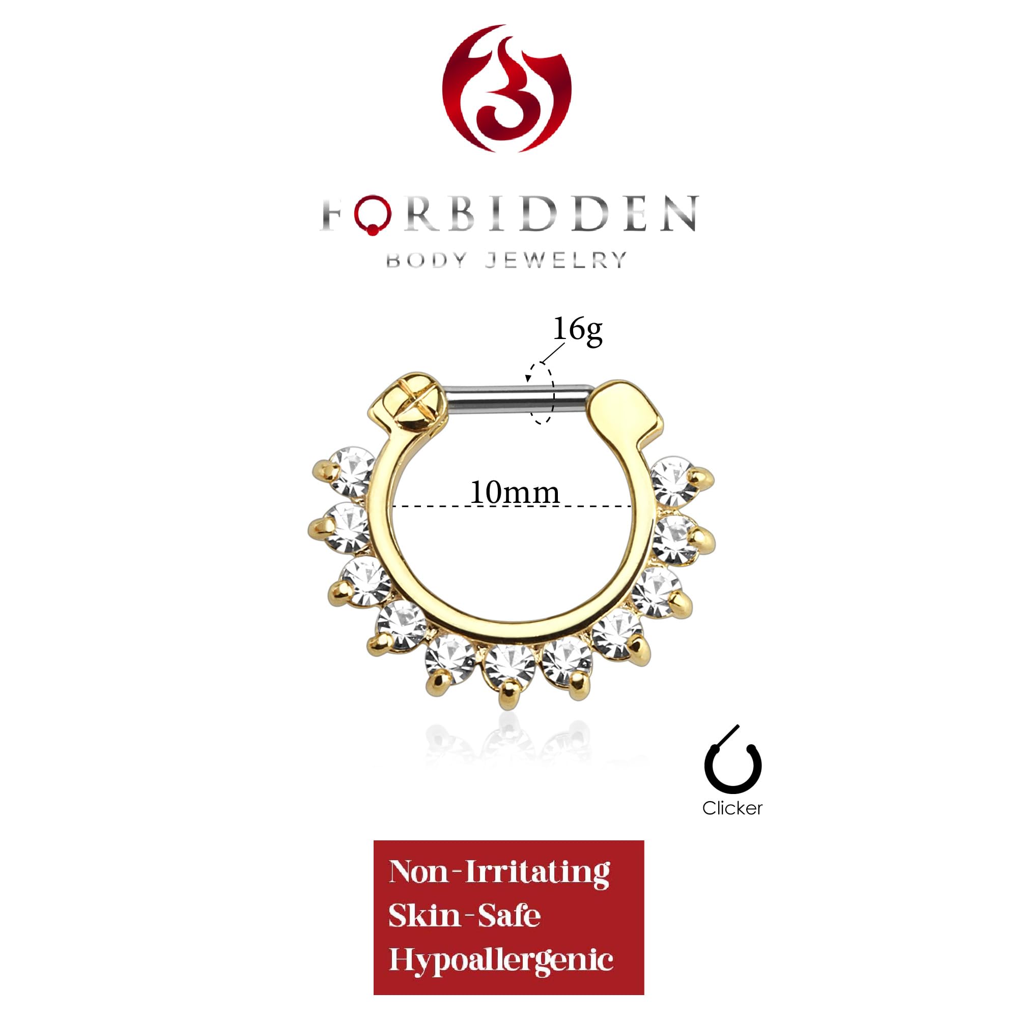 Forbidden Body Jewelry 16g 8mm Surgical Steel Septum and Cartilage/Daith CZ Lined Hoop Clicker Ring (Gold Tone)