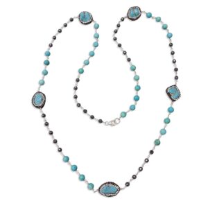 MGR MY GEMS ROCK! Hand Crafted Natural Gemstone Turquoise Color Baroque Turquoise Druzy and Hematite Wire Wrapped and Wire Twisted Long or Double Strand Station Necklace for Women or Men, 33" long.