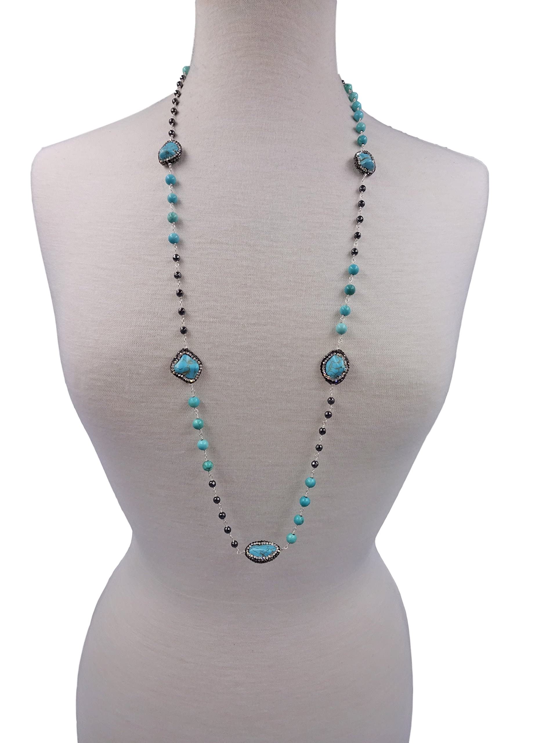 MGR MY GEMS ROCK! Hand Crafted Natural Gemstone Turquoise Color Baroque Turquoise Druzy and Hematite Wire Wrapped and Wire Twisted Long or Double Strand Station Necklace for Women or Men, 33" long.