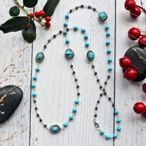 MGR MY GEMS ROCK! Hand Crafted Natural Gemstone Turquoise Color Baroque Turquoise Druzy and Hematite Wire Wrapped and Wire Twisted Long or Double Strand Station Necklace for Women or Men, 33" long.