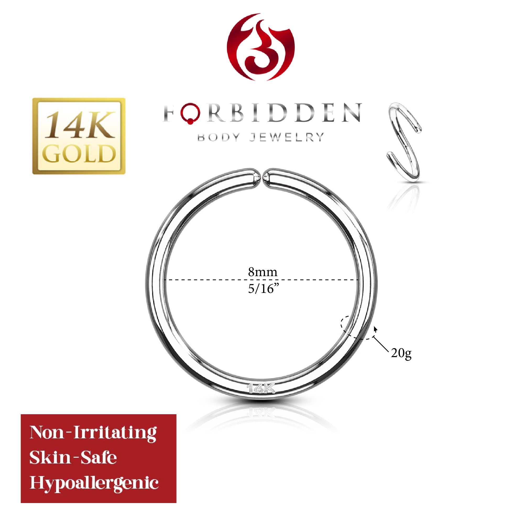 Forbidden Body Jewelry 20g 8mm Solid 14K White Gold Hoop Ring for Nose and Cartilage Piercings