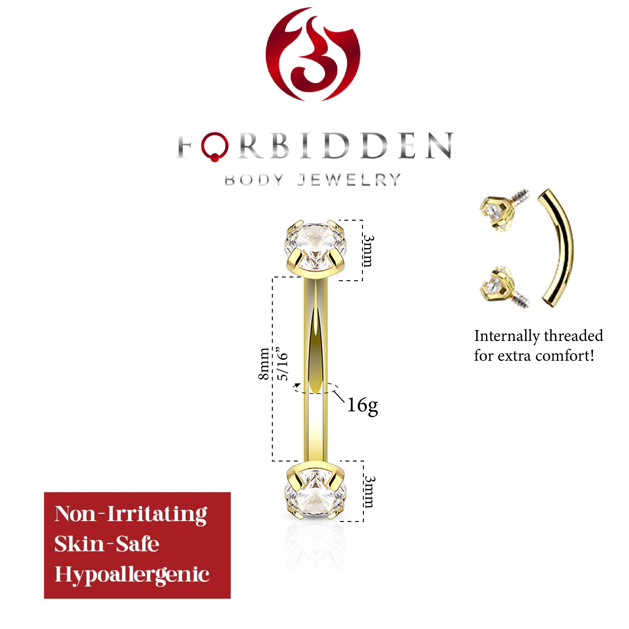 Forbidden Body Jewelry 16g 8mm Surgical Steel Internally Threaded Clear CZ Curved Barbell (Daith/Eyebrow/Rook) - Gold Tone