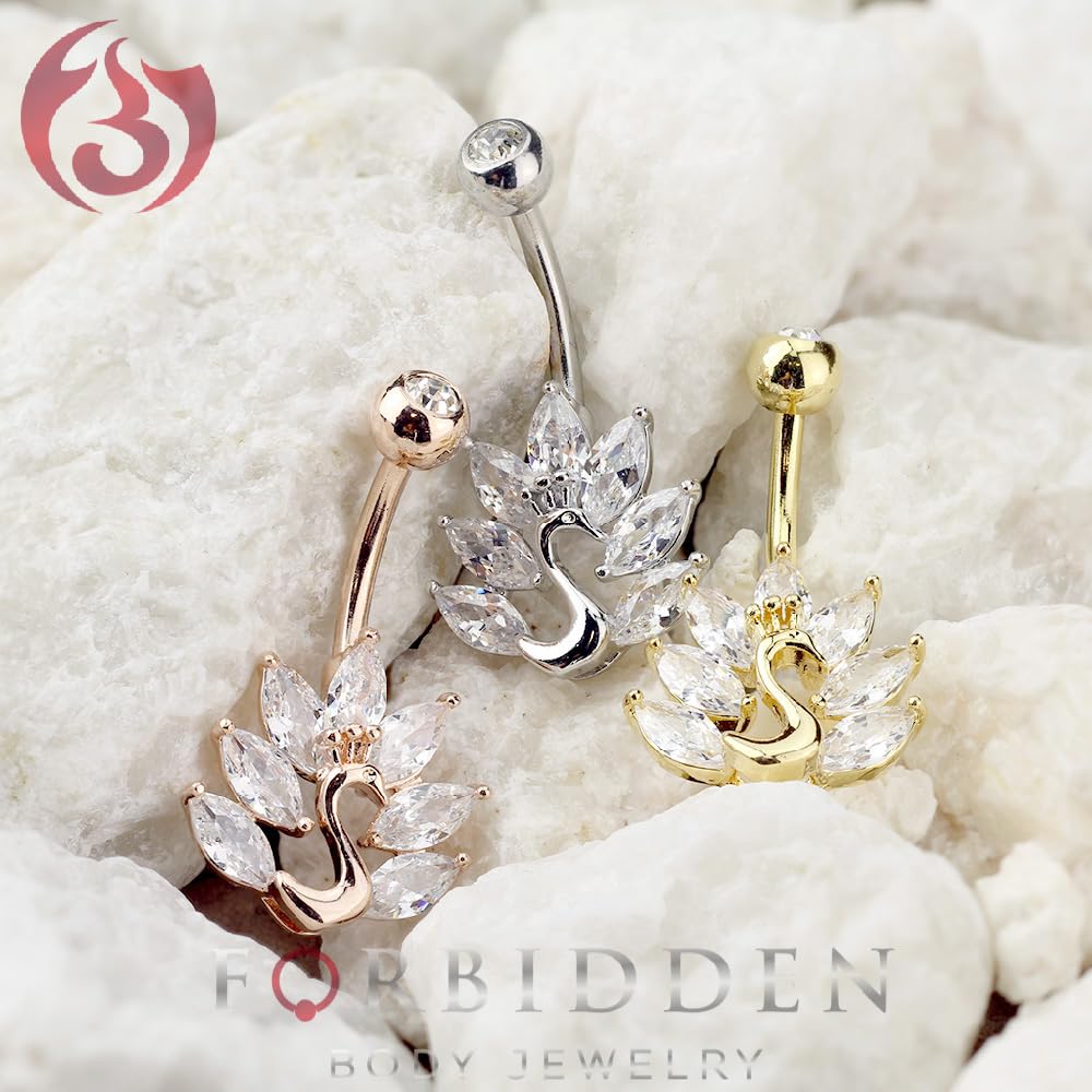 Forbidden Body Jewelry Surgical Steel CZ Simulated Diamond Feathers Peacock Belly Button Ring