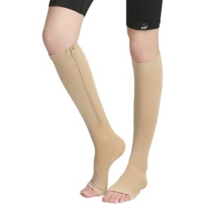 open toe compression sock, support zipper stocking for varicose veins edema swollen sore legs, help circulation pain relief anti fatigue, dance workout running yoga pilates sleeve socks beige