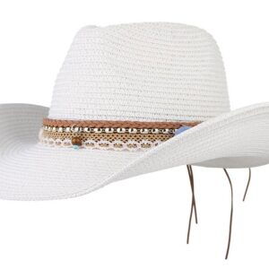 GEMVIE Cowboy Cowgirl Floppy Sun Hat Fedora Straw Wide Brim Bucket Beach Cap White 58cm