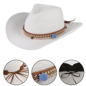 GEMVIE Cowboy Cowgirl Floppy Sun Hat Fedora Straw Wide Brim Bucket Beach Cap White 58cm