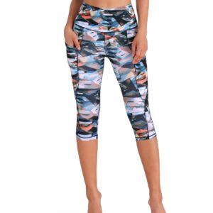 ODODOS Women's High Waisted Pattern Yoga Capri Leggings with Pockets, Tummy Control Non See Through Sports Athletic Workout Running Capris, FineArt, Large