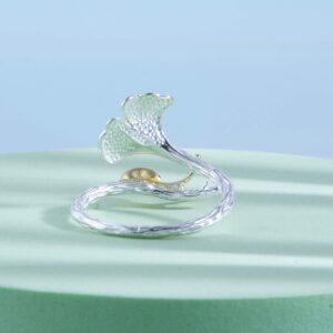 Helen de Lete Snail On Ginkgo Leaf 925 Sterling Silver Open Ring For Women