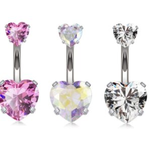 Belly Button Rings Navel Rings Surgical Steel 14g CZ Cute Heart Shape Body Piecing Jewelry for Women Girls (3 Pcs(Clear+AB Colour+Pink))