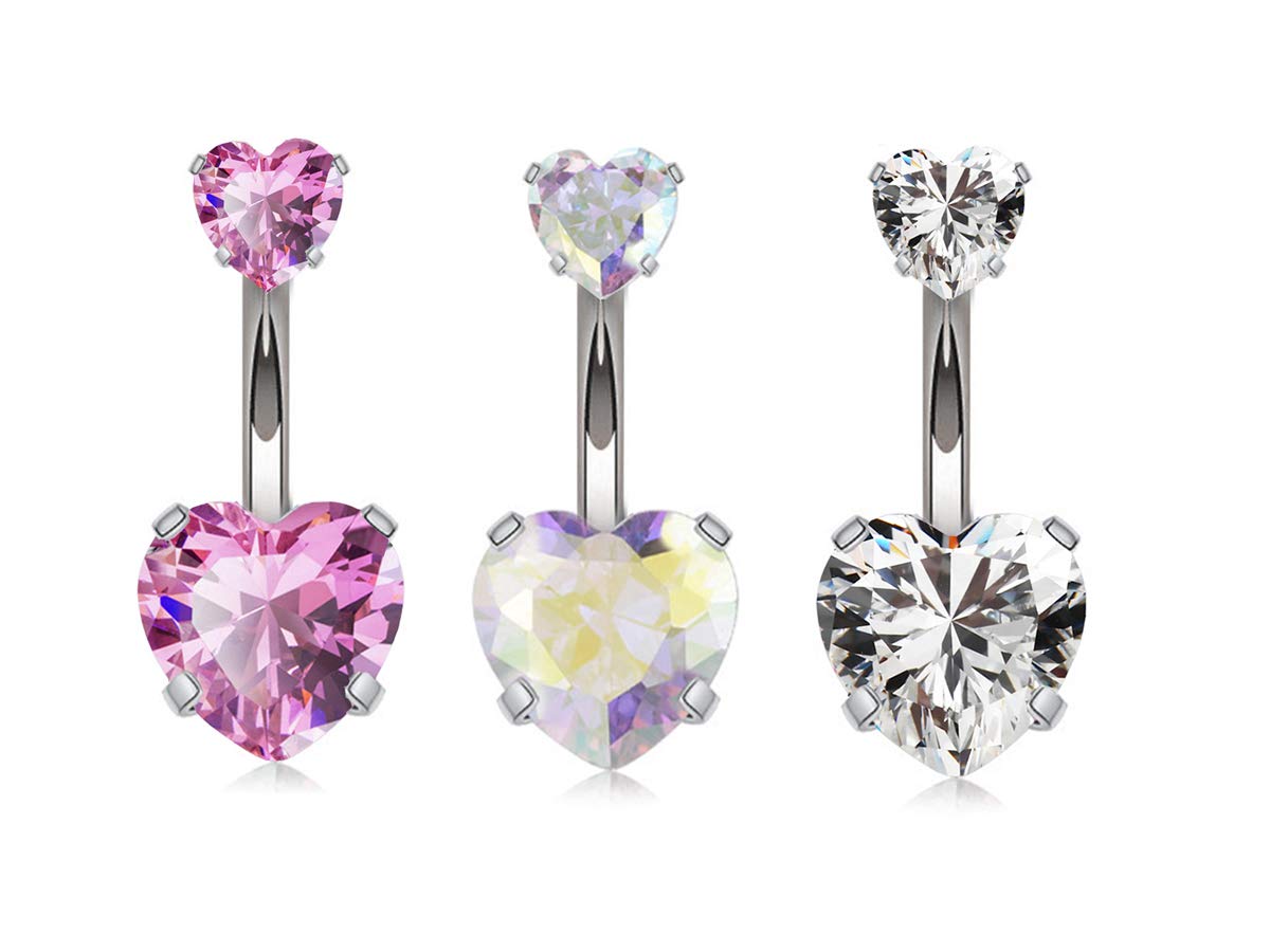 Belly Button Rings Navel Rings Surgical Steel 14g CZ Cute Heart Shape Body Piecing Jewelry for Women Girls (3 Pcs(Clear+AB Colour+Pink))