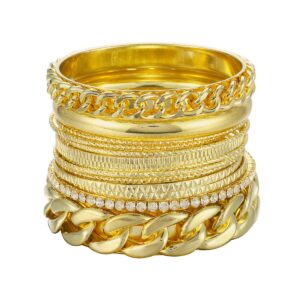 Ensoul Fashion Gold Color Multiple Textured Metal Bracelets & Bangles Set 14Pcs/Set W/Rhinestones